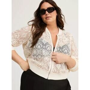 Torrid Crochet Bomber Jacket Off White Lace Floral Zip Up Plus Size 00 M/L 10